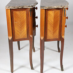 Pair of Italian Louis XV Style Marquetry Marble Top Bedside Three Drawer Night Stands