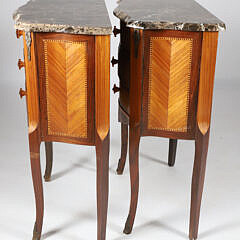 Pair of Italian Louis XV Style Marquetry Marble Top Bedside Three Drawer Night Stands