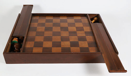 Antique Multiwood Game Board with Opposing Game Piece Compartments and Slide Tops