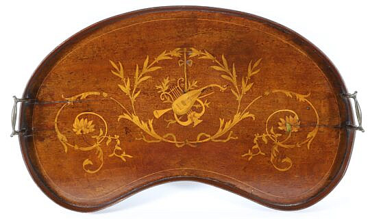 Mahogany and Multiwood Inlaid Kidney Shaped Serving Tray