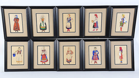 Collection of 12 Watercolor Occupational Portraits of Ukrainian Woman Circa 1920