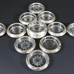 Set of Twelve Glass Coasters with Sterling Silver Collars
