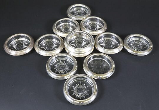Set of Twelve Glass Coasters with Sterling Silver Collars