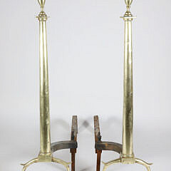 Pair of Brass Column and Finial Andirons with Matching Log Stops