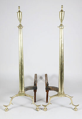 Pair of Brass Column and Finial Andirons with Matching Log Stops