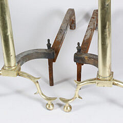 Pair of Brass Column and Finial Andirons with Matching Log Stops