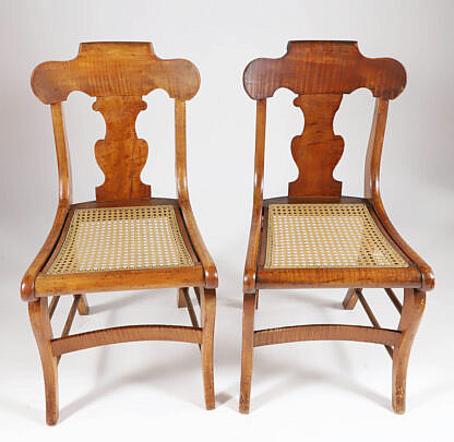 Pair of Tiger Maple Cane Seat Side Chairs 19th Century