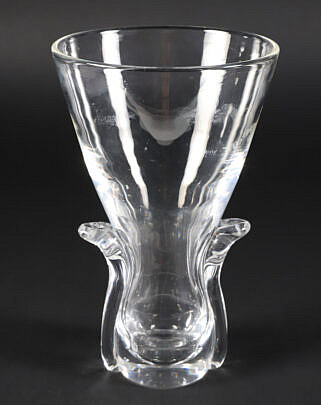 Signed Steuben Crystal Clear Vase with Applied Leaf Handles