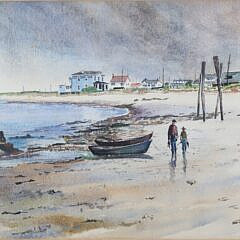 Mildred S. Kratz Watercolor on Paper “Fishing at the Shore”