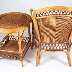 Palecek Rattan Woven Armchair and Matching Side Table