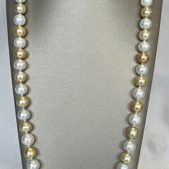 Fine 13mm – 15.7mm White and Natural Gold South Sea Pearl Opera Length Necklace, 14k Gold and Diamond Clasp