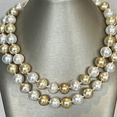 Fine 13mm – 15.7mm White and Natural Gold South Sea Pearl Opera Length Necklace, 14k Gold and Diamond Clasp