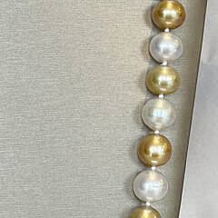Fine 13mm – 15.7mm White and Natural Gold South Sea Pearl Opera Length Necklace, 14k Gold and Diamond Clasp