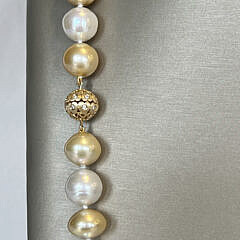 Fine 13mm – 15.7mm White and Natural Gold South Sea Pearl Opera Length Necklace, 14k Gold and Diamond Clasp