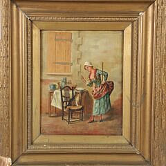 J.E. Hill Oil on Canvas “Interior Scene of Lady Scolding Her Cat”
