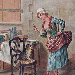 J.E. Hill Oil on Canvas “Interior Scene of Lady Scolding Her Cat”