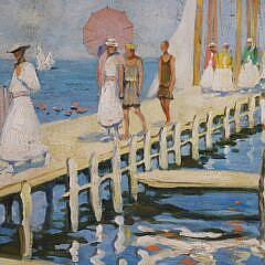 Jane Peterson School “Ladies on the Boardwalk” Oil on Wood Panel