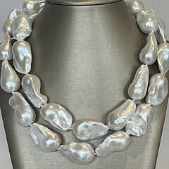 Very Fine 30mm x 36mm White Baroque Fresh Water Pearl Opera Length Necklace, 14k Gold Clasp
