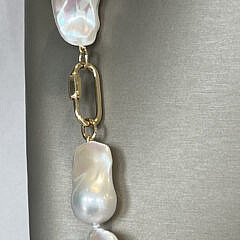 Very Fine 30mm x 36mm White Baroque Fresh Water Pearl Opera Length Necklace, 14k Gold Clasp