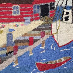 Antique Pictorial Fishermans Wharf Hooked Rug Carpet, circa 1920s