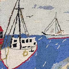 Antique Pictorial Fishermans Wharf Hooked Rug Carpet, circa 1920s