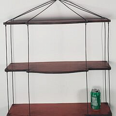 Vintage Mid Century Red Painted Three Tier Wire and Plank Hanging Shelf, 20th century