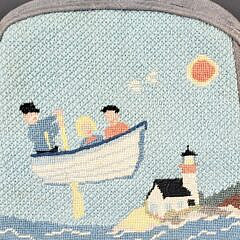 Vintage Nautical Lighthouse and Dory Needlepoint Childs Seat Cushion, 20th century