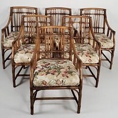 Set of Six McGuire Organic Bamboo Leather and Rattan Arm Chairs