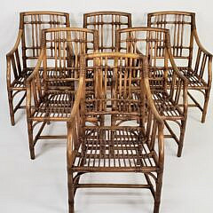 Set of Six McGuire Organic Bamboo Leather and Rattan Arm Chairs