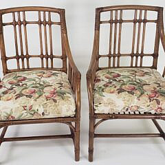Pair of McGuire Organic Bamboo Leather and Rattan Arm Chairs