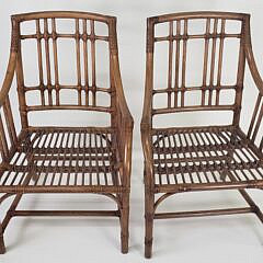 Pair of McGuire Organic Bamboo Leather and Rattan Arm Chairs