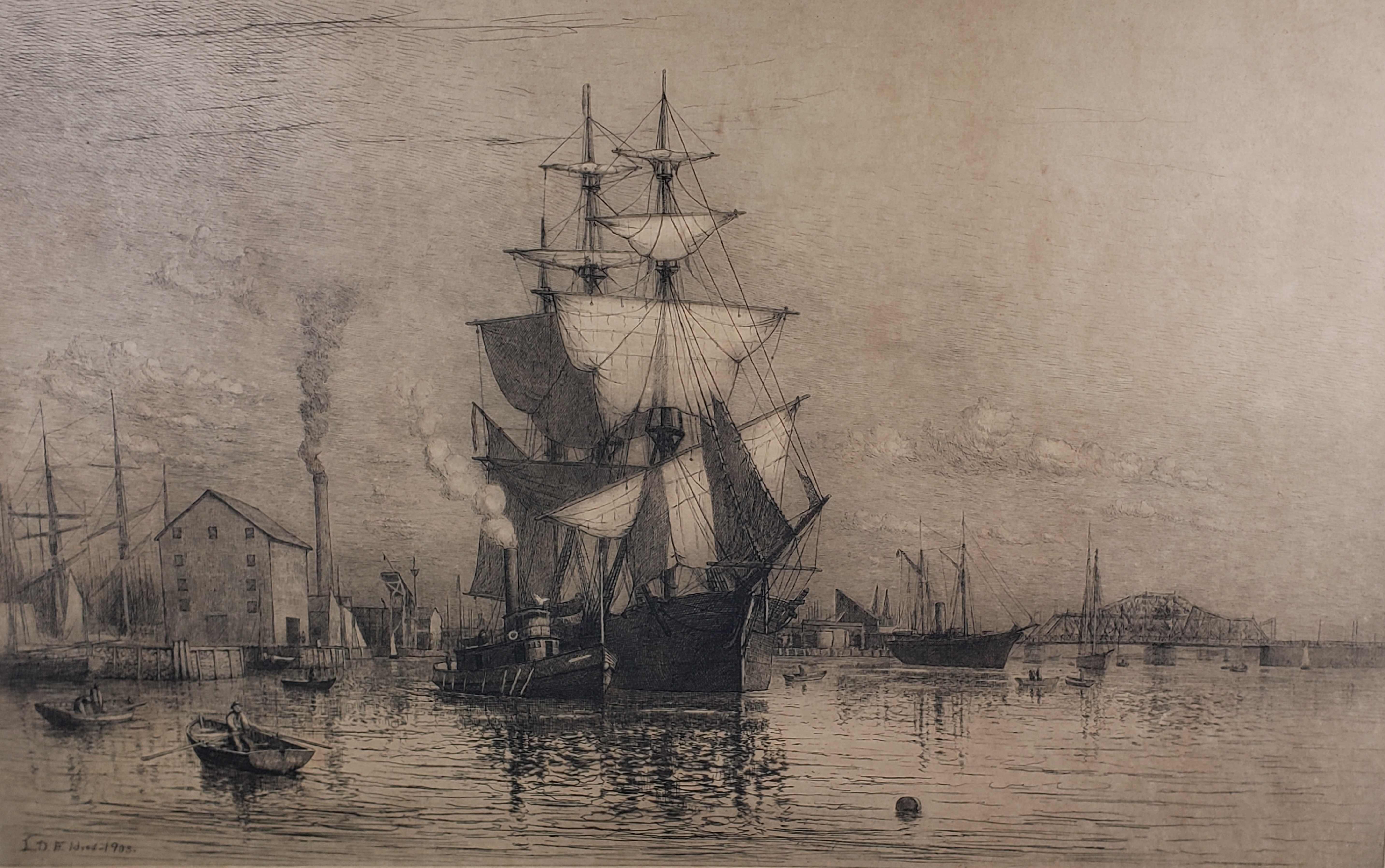 L.D. Eldred Antique New Bedford Etching - Lemuel D. Eldred Antique