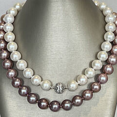 Fine 12mm x 13mm White and Pink Ombre Fresh Water Pearl Opera Length Necklace, 14k White Gold and Diamond Clasp