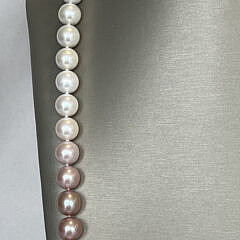 Fine 12mm x 13mm White and Pink Ombre Fresh Water Pearl Opera Length Necklace, 14k White Gold and Diamond Clasp