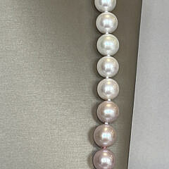 Fine 12mm x 13mm White and Pink Ombre Fresh Water Pearl Opera Length Necklace, 14k White Gold and Diamond Clasp