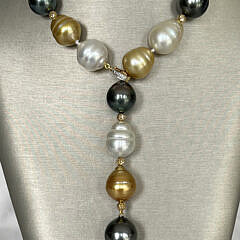 Fine 15mm-12mm White and Gold South Sea and Tahitian Pearl Lariat Necklace, 18k Gold Bead Accents