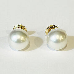 Fine Pair of 14mm White South Sea Pearl Stud Earrings, 14k Yellow Gold