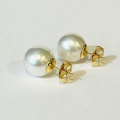 Fine Pair of 14mm White South Sea Pearl Stud Earrings, 14k Yellow Gold