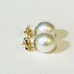 Fine Pair of 14mm White South Sea Pearl Stud Earrings, 14k Yellow Gold