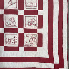 Vintage Little Red Riding Hood and the Three Bears Red and White Embroidered Quilt, circa 1930s