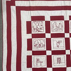 Vintage Little Red Riding Hood and the Three Bears Red and White Embroidered Quilt, circa 1930s