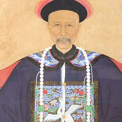 Pair of Antique Chinese Export Hand Painted Watercolor Portraits of Emperor and Empress