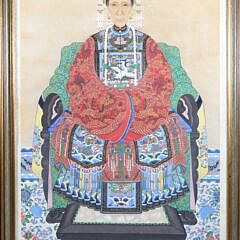 Pair of Antique Chinese Export Hand Painted Watercolor Portraits of Emperor and Empress