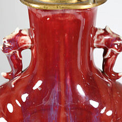 Pair of Chinese Oxblood Flambe Glazed San de Boeuf Vases Mounted as Lamps, 19th Century