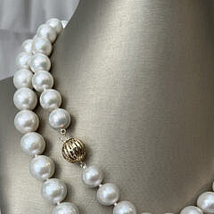 Fine 11mm-13mm White Fresh Water pearl Opera Length Necklace, 14k Gold Clasp