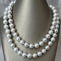 Fine 11mm – 13mm White Fresh Water Pearl Opera Length Necklace, 14k White Gold Clasp