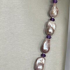 14mm-26mm Natural Lavender Hue Fresh Water Baroque Pearl and Faceted Amethyst Bead Necklace