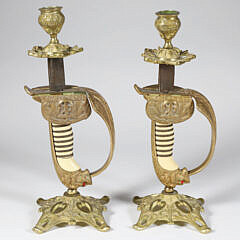 Pair of World War II Naval Bronze Sabre Handles Mounted as Candlesticks