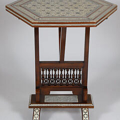 Vintage Mother of Pearl, Bone and Multiwood Inlaid Octagonal Tilt Top Side Table