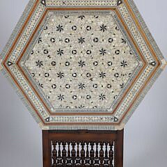 Vintage Mother of Pearl, Bone and Multiwood Inlaid Octagonal Tilt Top Side Table